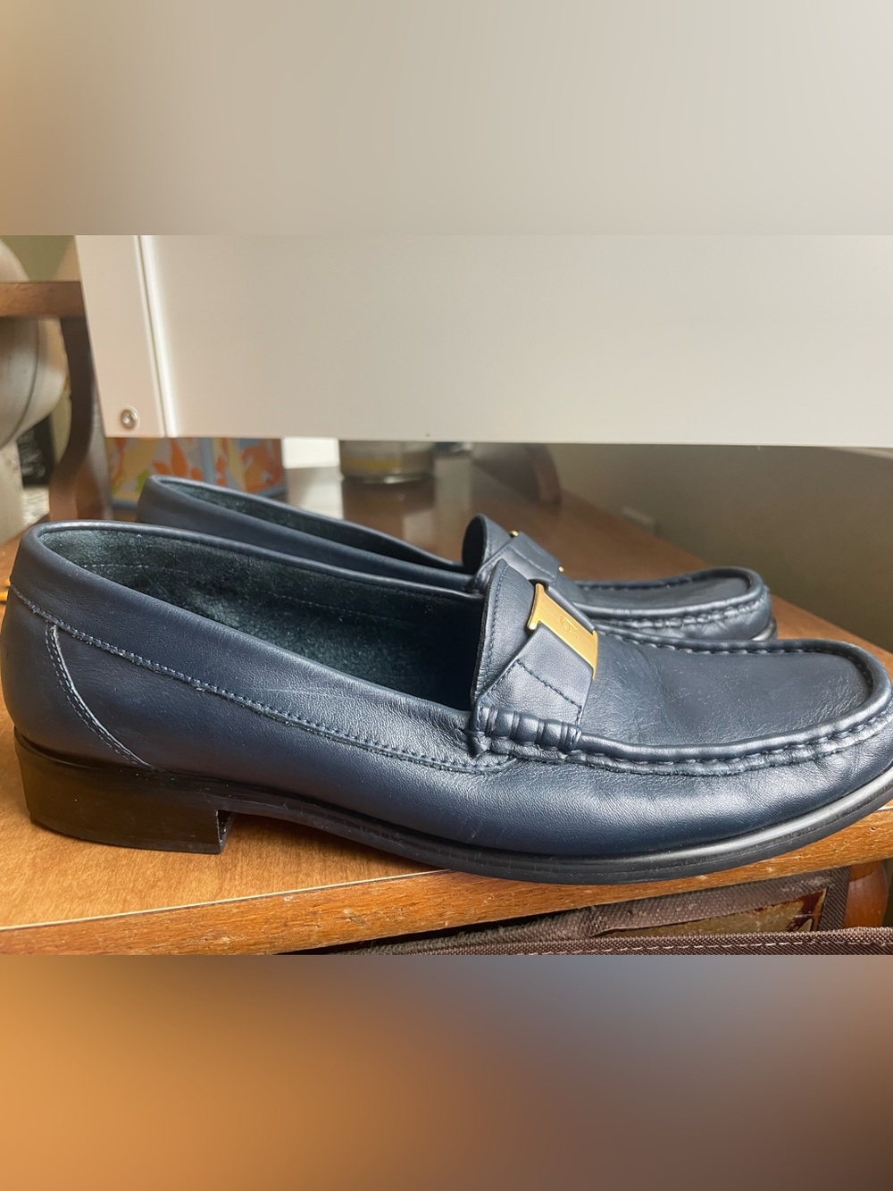Vintage Etienne Aigner Navy Blue Leather Chicklet Loafers - Women's Size 8